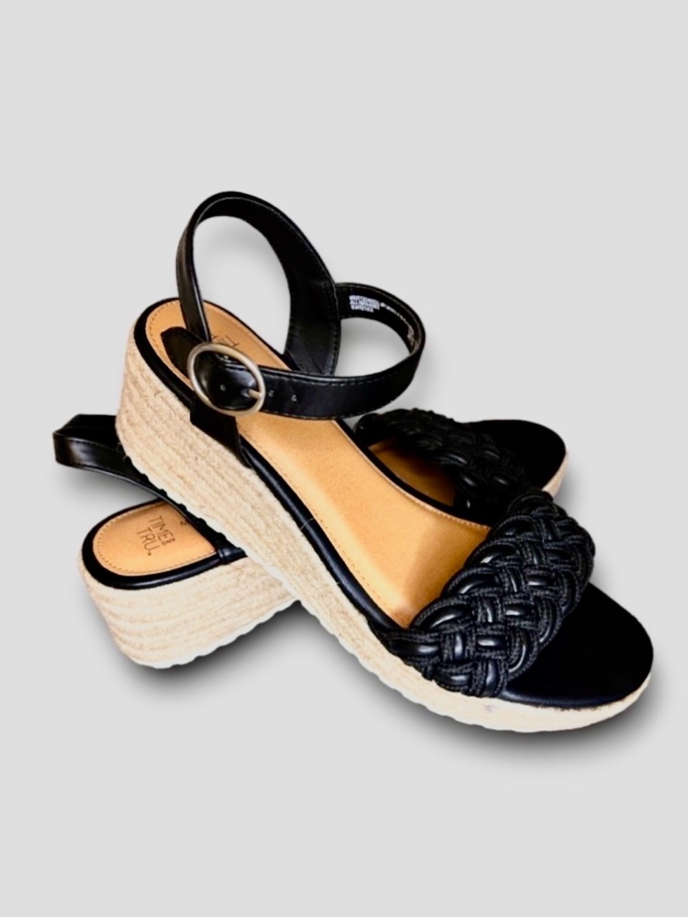 Time and Tru Black Braided Front Espadrille Wedge Sandals